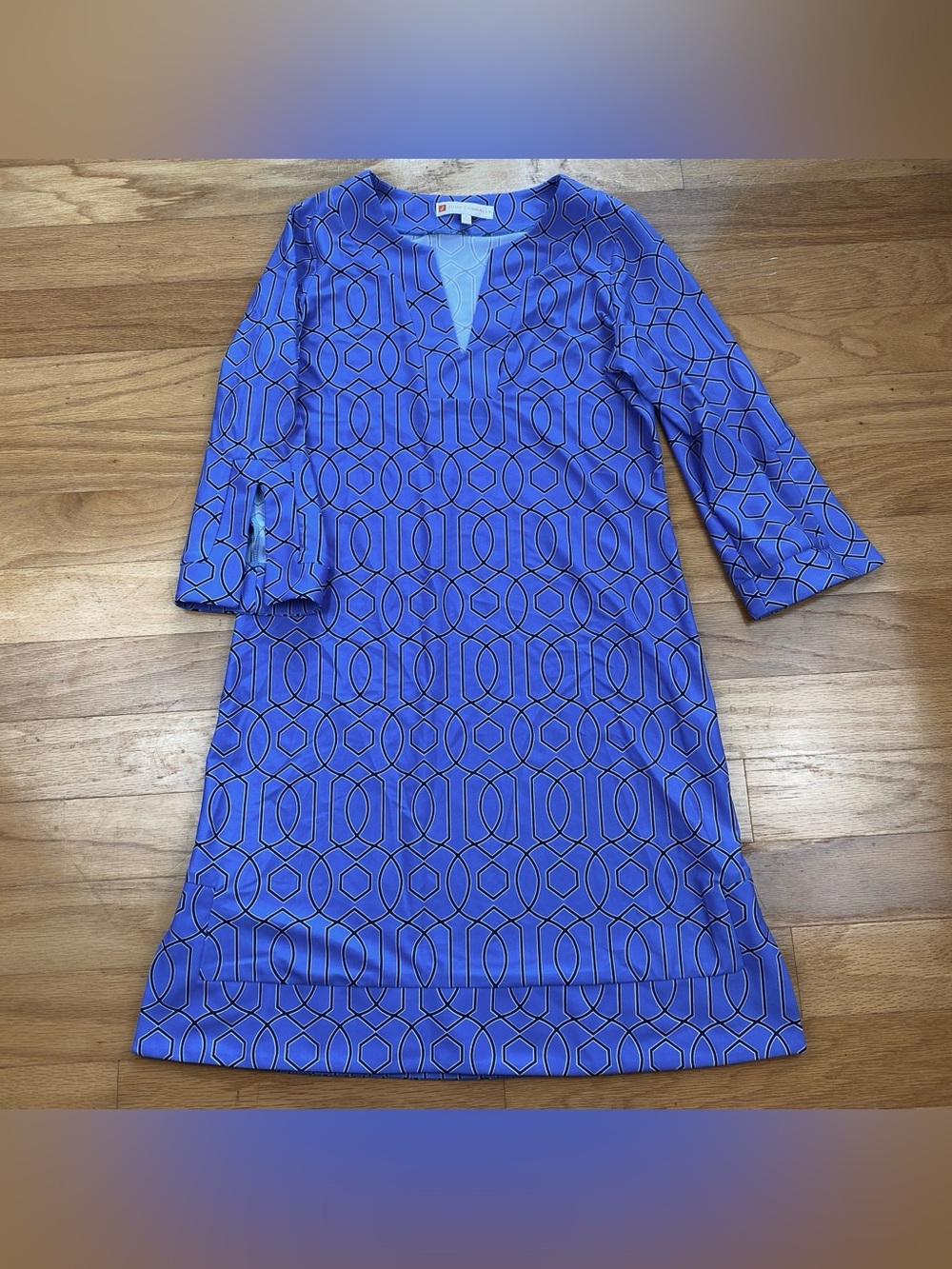 Jude Connally Megan Tunic Shift Dress Blue Geometric Print Preppy 3/4 Sleeve S